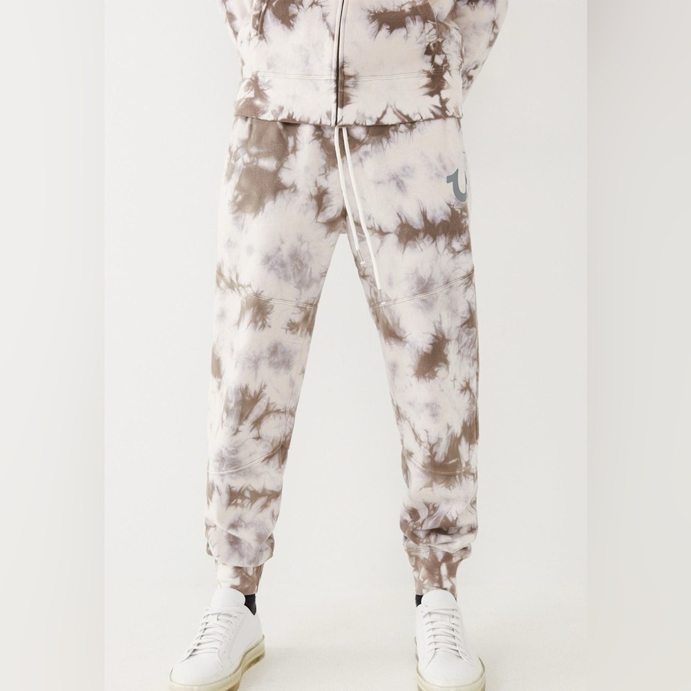NWT True Religion Men’s Gilden Beige White Cream Tie Dye Jogger Pants Size XL